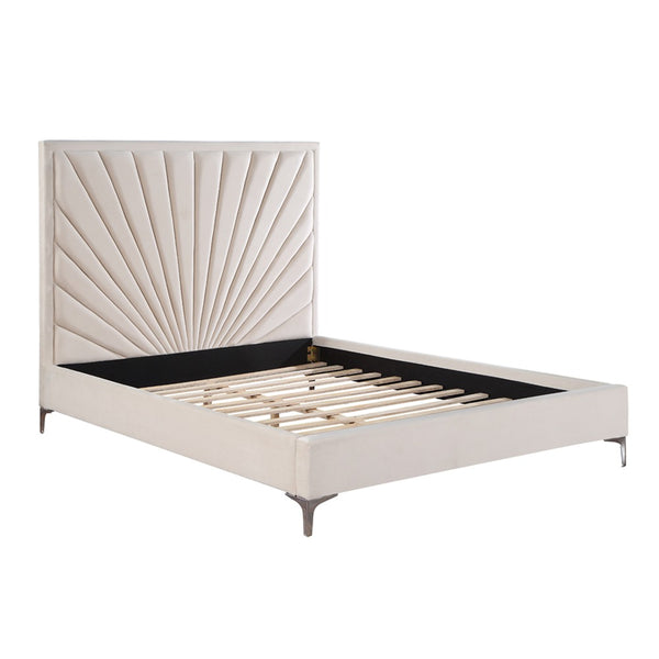 English Elm Modern Queen Bed Beige Velvet Platform with Sunburst Channel Tufted Headboard, Metal Feet & Slats B2741S00708