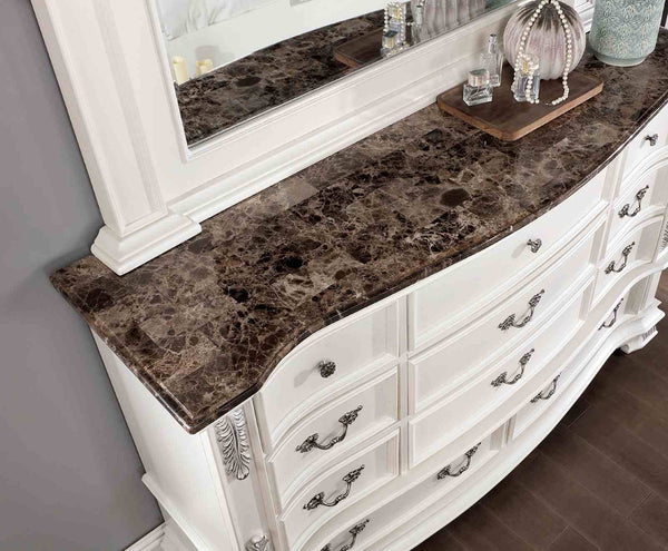 English Elm Luxury Pearl White Dresser Genuine Marble Top Bronze Hardware Dovetail Bedroom Storage B2741P448889