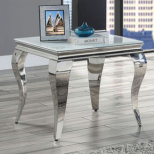 English Elm Glam Stainless Steel Coffee Table with Beveled Tempered Glass Top and Elegant Cabriole-Style Legs Silver,White 28 L x 28 W x 4 H B011S01177