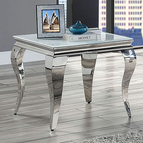 English Elm Glam Stainless Steel Coffee Table with Beveled Tempered Glass Top and Elegant Cabriole-Style Legs Silver,White 28 L x 28 W x 4 H B011S01177