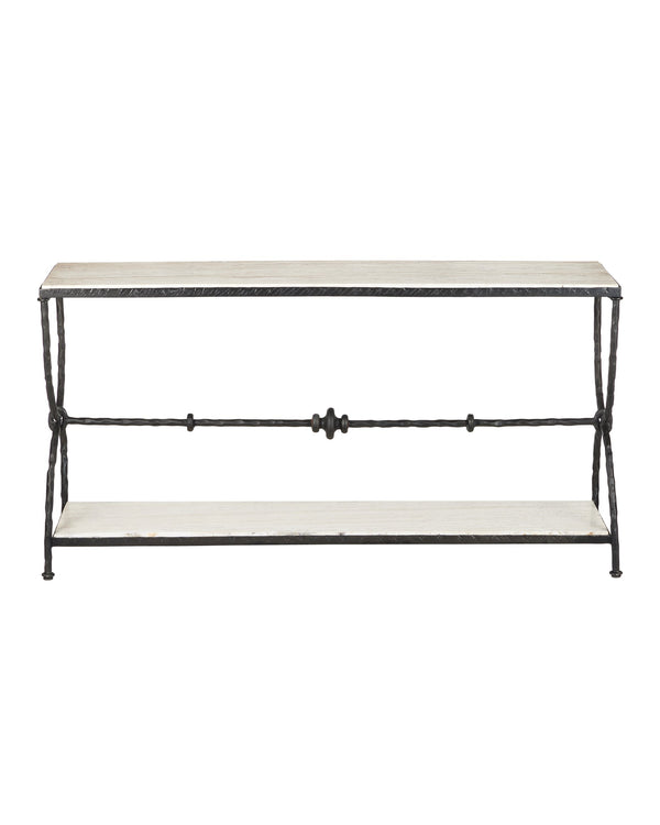 Currey & Company Agora White Travertine Console Table - Elegant Greek-inspired Design With Stunning Veining & Bronze Frame White White Travertine ,Wrought Iron 4000-0245-currey-company