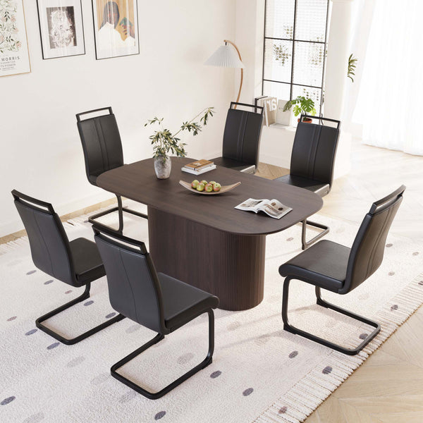 English Elm 63" Modern Medieval Brown Mdf Dining Set With 6 Ergonomic Pu Armless Chairs, Quick Assembly & Style W2189S00666