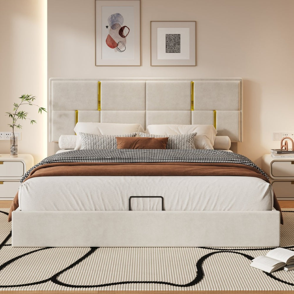 English Elm Queen Upholstered Storage Bed Gas Lift Platform with Gold Trim Pu Headboard N733S362241A