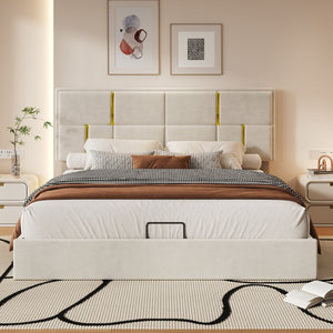 English Elm Queen Upholstered Storage Bed Gas Lift Platform with Gold Trim Pu Headboard N733S362241A