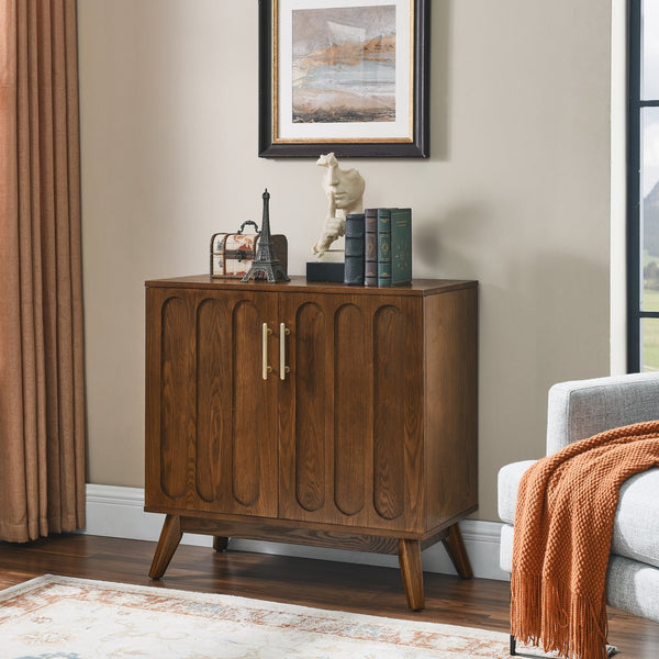 English Elm Mid Century Modern Fluted Sideboard Cabinet - Stylish Walnut Buffet With Adjustable Storage Shelves W1801P195608