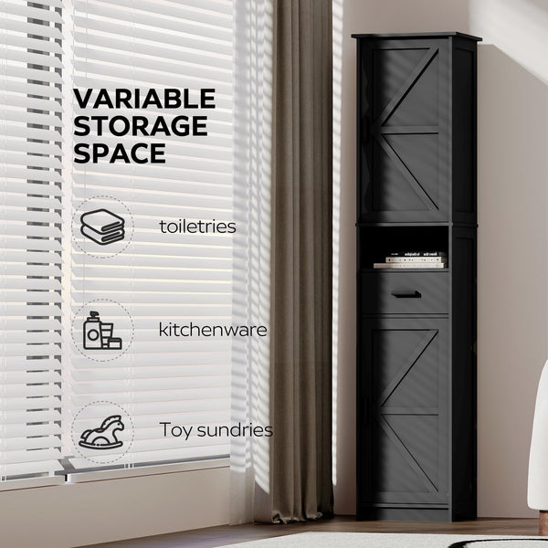 English Elm 69" Tall Bathroom Storage Cabinet with Barn Doors and Drawer, Slim 7-Shelf Floor Unit for Small Spaces Black W3457P336684