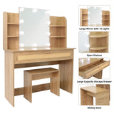 English Elm Vanity Desk Set Stool & Dressing Table With Led Lighting Mirror Drawer and Compartments Modern Wood Cosmetic Table Chest Of Drawers Nature Color