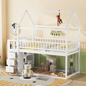 English Elm Twin/twin House Bunk Bed Solid Pine Playhouse Frame with Storage Drawers Shelves White W697S00032