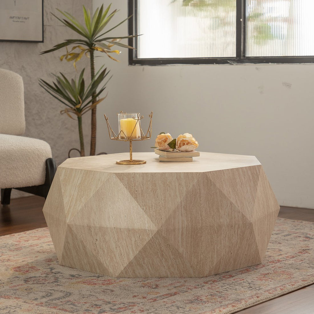 English Elm Modern Farmhouse Drum Coffee Table Natural Wood Round MDF Top No-Assembly Rustic Accent Table, 39" x 20" W3081P254995