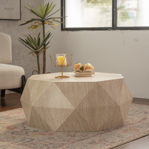 English Elm Modern Farmhouse Drum Coffee Table Natural Wood Round MDF Top No-Assembly Rustic Accent Table, 39" x 20" W3081P254995