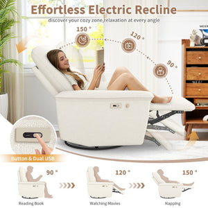 English Elm 270° Swivel Power Recliner Velvet Glider Rocker with Usb Ports for Living Room Beige W1028S00058
