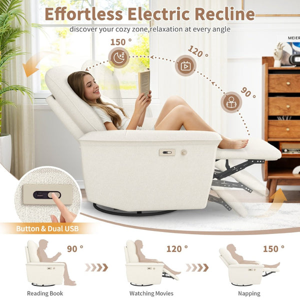 English Elm 270° Swivel Power Recliner Velvet Glider Rocker with Usb Ports for Living Room Beige W1028S00058