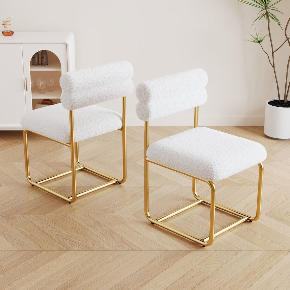 English Elm Set of two white teddy plush dining chairs with gold iron legs, ergonomic curved back, soft cozy luxe feel W1727P237751