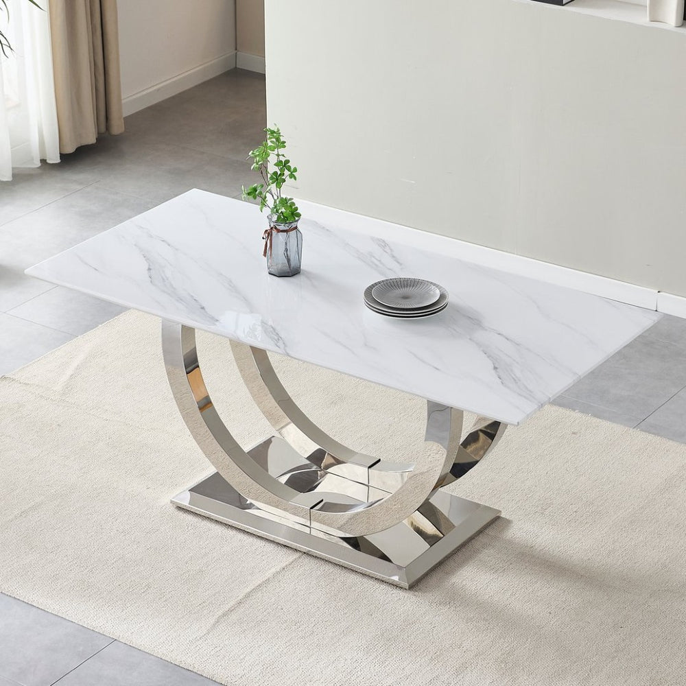 English Elm 69.30 Inch Rectangular Dining Table Marble Pattern Top with Polished Steel Legs Seats Six W3357S00003