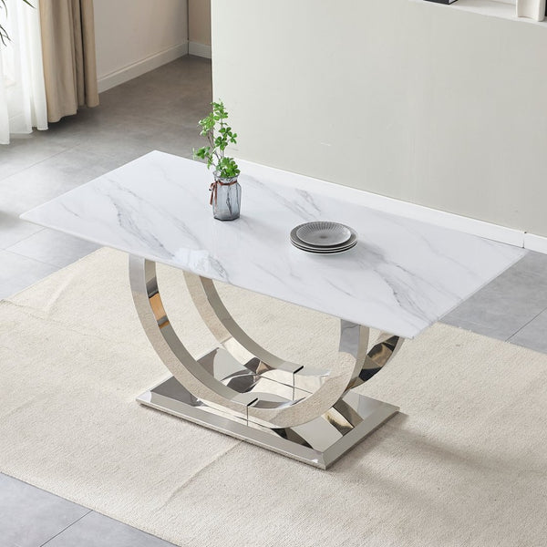 English Elm 69.30 Inch Rectangular Dining Table Marble Pattern Top with Polished Steel Legs Seats Six W3357S00003
