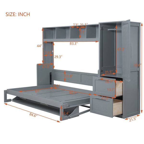 English Elm Queen Murphy Wall Bed with Integrated Wardrobe and Drawers for Studio or Guest Room Gray LP000793AAE-3