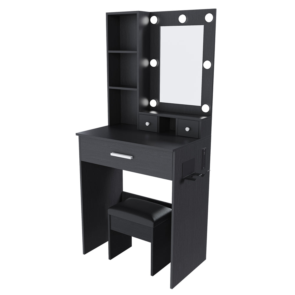 English Elm Vanity compact dressing desk with LED mirror, 3-color dimmable lights, drawers, stool, outlet Black W2699P345801