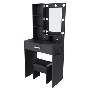 English Elm Vanity compact dressing desk with LED mirror, 3-color dimmable lights, drawers, stool, outlet Black W2699P345801