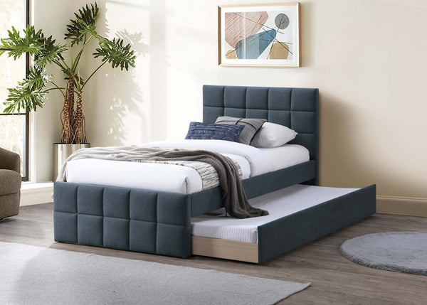 English Elm Contemporary Full Upholstered Trundle Bed Brushed Linen Grid Stitch Low Profile Frame Charcoal B011S02067