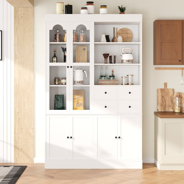 English Elm Topmax Shaker Buffet Hutch with Glass Doors Drawers and Pull-out Trays SP000092AAK