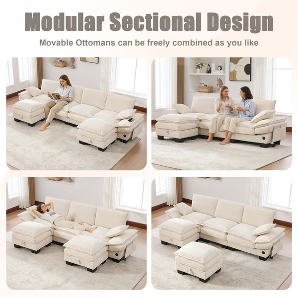 English Elm Sectional Cloud Sofa Modular Deep Seat Corduroy Upholstered Living Room Couch with Storage Beige W395S00129