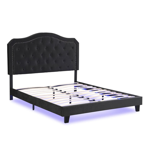 English Elm Upholstered Queen Bed Black Velvet Tufted Headboard with Led Ambient Lighting W311P237227
