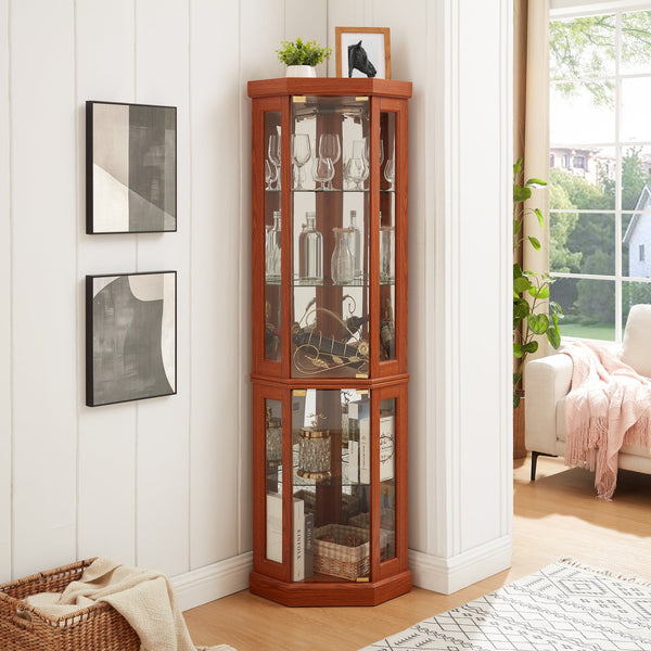 English Elm Lighted Corner Curio Cabinet - Elegant Dark Oak Display Case For Collectibles, Glassware & Decor W1758P300106
