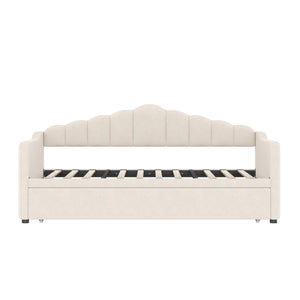 English Elm Upholstered Twin Daybed with Pop-Up Trundle, Built-In USB Type-C Charger, Side Pockets, Velvet Frame Beige 77.25 L x 17.25 W x 5.31 H N733S285118A