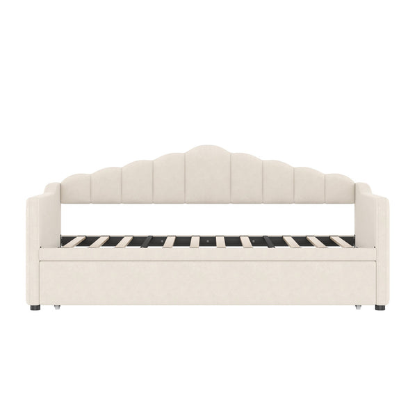 English Elm Upholstered Twin Daybed with Pop-Up Trundle, Built-In USB Type-C Charger, Side Pockets, Velvet Frame Beige 77.25 L x 17.25 W x 5.31 H N733S285118A