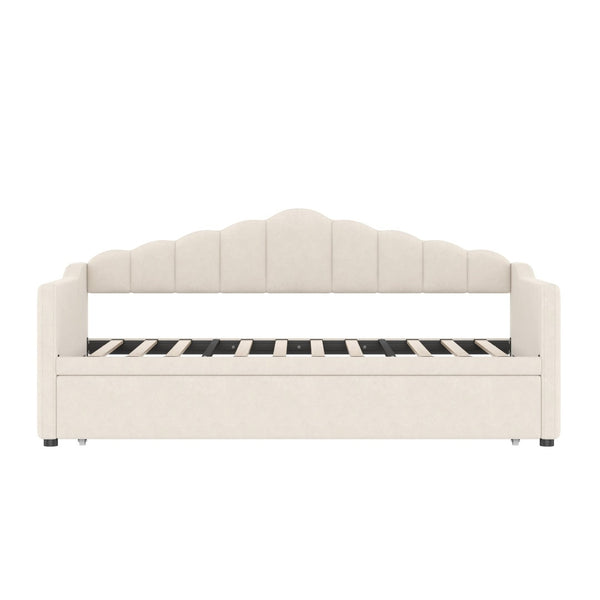 English Elm Upholstered Twin Daybed with Pop up Trundle Velvet Frame and Built in Usb Charging Beige N733S410648A