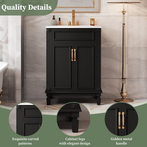 English Elm 24'' Bathroom Vanity with Sink - Solid Wood Frame, Glossy Ceramic Basin, Soft-Close Doors & Ample Storage Elegant Modern Design, Durable MDF Construction, Retro Metal Handles, Compact 24-inch Cabinet Black N710P317675B