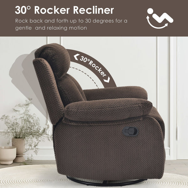 English Elm Small Rocker Swivel Recliner Chair with 360° Swivel, 30° Rocking and Adjustable 90–150° Recline Comfortability Chocolate T3623P380414