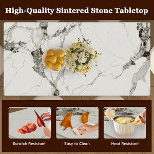 English Elm 63" Modern 7-Piece Dining Set with Burnt Sintered Stone Top, Gold Solid Wood Base & Storage, 6 Chairs W2700S00069