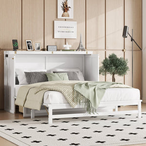 English Elm Murphy Cabinet Queen Bed Solid Pine Frame with Built-in Charging Station for Guest Rooms White W504S00164