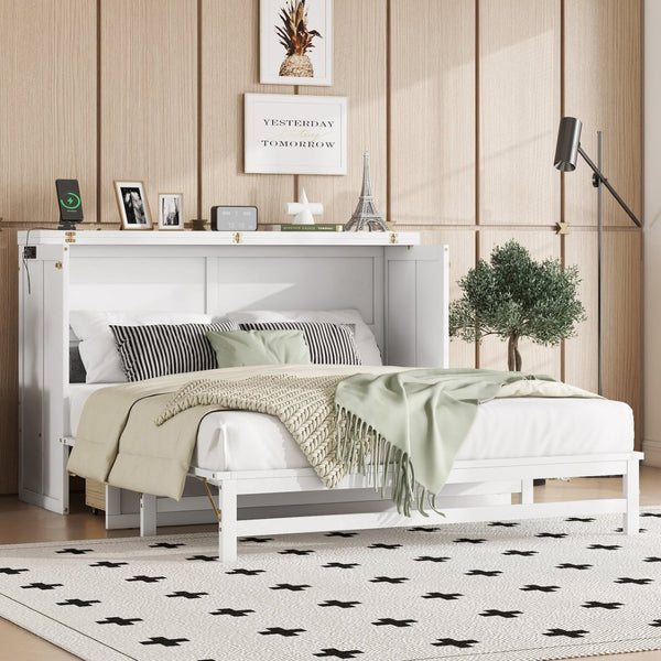 English Elm Murphy Cabinet Queen Bed Solid Pine Frame with Built-in Charging Station for Guest Rooms White W504S00164