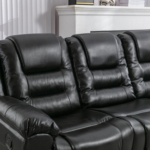 English Elm 3 Seater Home Theater Recliner with Dual Cup Holders PU Leather Comfort, Manual Infinite Recline, 350lb Capacity Black WF323620AAB