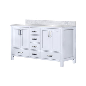 English Elm White Double Bath Vanity With Carrara Marble Top - 60" W X 22" D, Elegant Storage & Soft-Close Drawers B2731P258870-GIGA