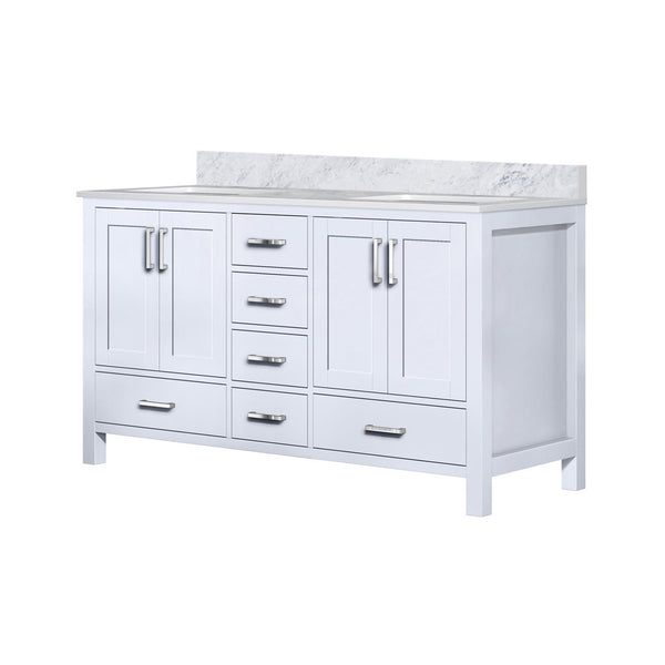 English Elm White Double Bath Vanity With Carrara Marble Top - 60" W X 22" D, Elegant Storage & Soft-Close Drawers B2731P258870-GIGA