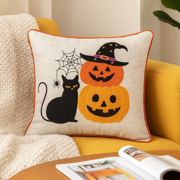 English Elm Halloween Black Cat & Pumpkin Stack Throw Pillow - Whimsical Home Decor For Spooky Seasonal Vibes B357P360663