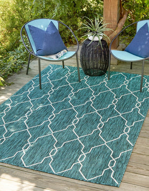 Unique Loom Outdoor Trellis Links Trellis Machine Made Trellis Rug Teal, Ivory 5' 3" x 8' 0"