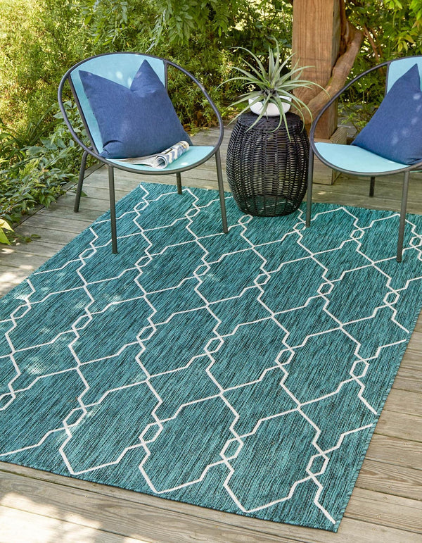 Unique Loom Outdoor Trellis Links Trellis Machine Made Trellis Rug Teal, Ivory 5' 3" x 8' 0"