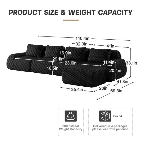 English Elm 146" Flannelette Modular Sectional with Deep Seating and Tool-free Buckle Configuration W714S01536