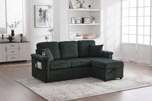 English Elm UNITED Corduroy L-Shaped Sectional Sofa with Storage Ottoman, USB Ports, Cup Holders & LED Lighting Emerald W1568P332404