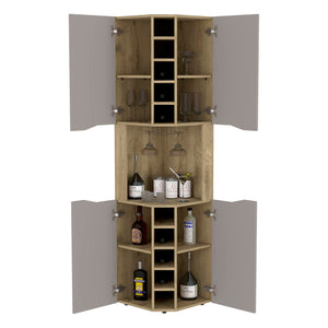 English Elm Obregon Corner Bar Cabinet with Ten Slot Wine Rack and Stemware Storage in Warm Neutral B200S00391