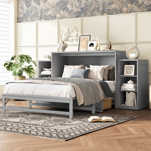English Elm Full Size Murphy Bed With Stylish Light Gray Finish, Spacious Storage Drawers & Shelves For Versatile Spaces W1580S00252