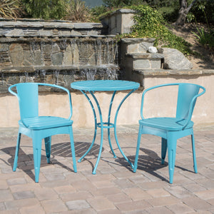 English Elm Christopher Knight Home® - COLMAR 3-Piece Metal Bistro Set for Patio — Weather-Resistant Iron Table & Stackable Armchairs, Slatted Design Teal 56558.00MCT