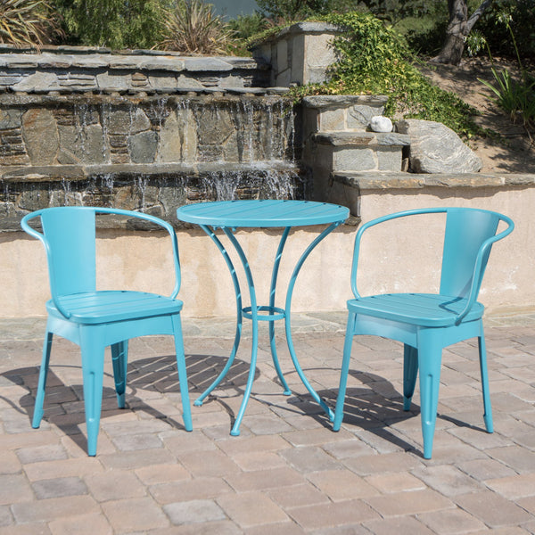 English Elm Christopher Knight Home® - COLMAR 3-Piece Metal Bistro Set for Patio — Weather-Resistant Iron Table & Stackable Armchairs, Slatted Design Teal 56558.00MCT