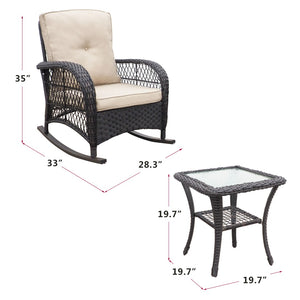 English Elm 3 Piece Outdoor Pe Wicker Rocking Bistro Set with Glass Top Table for Patio W2749P185869