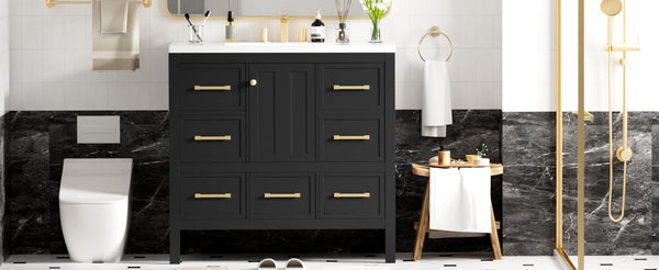 English Elm 36'' Bathroom Vanity with Resin Sink, Solid Wood Frame, 5 Drawers, Soft-Close Doors, Gold Knobs, Spacious Storage Black SW000142AAB-1