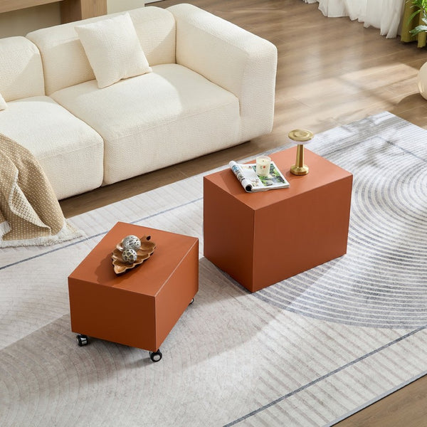 English Elm Modern Saddle Leather Upholstered Side Table Compact Mdf Frame for Living Room Orange W2085P400865